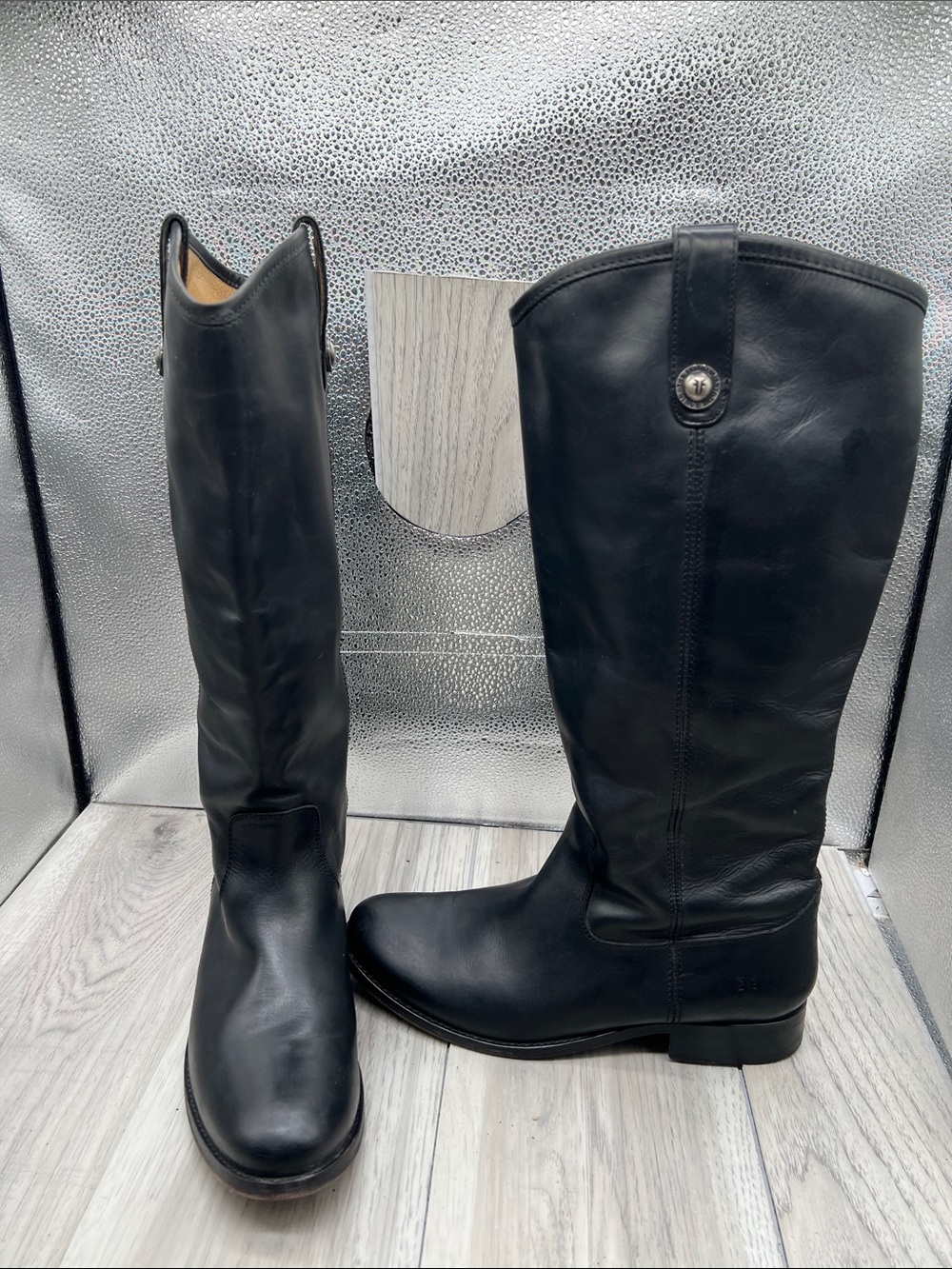 Frye Melissa Button Black Leather Tall Riding Boot, Style 77167, sz 8 B